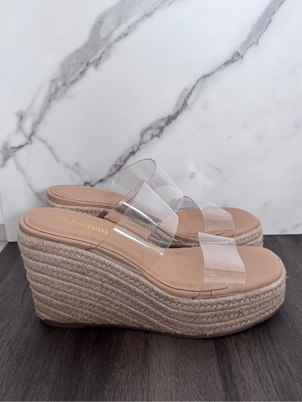 Clear Double-Strap Espadrille Platform Wedges in Tan